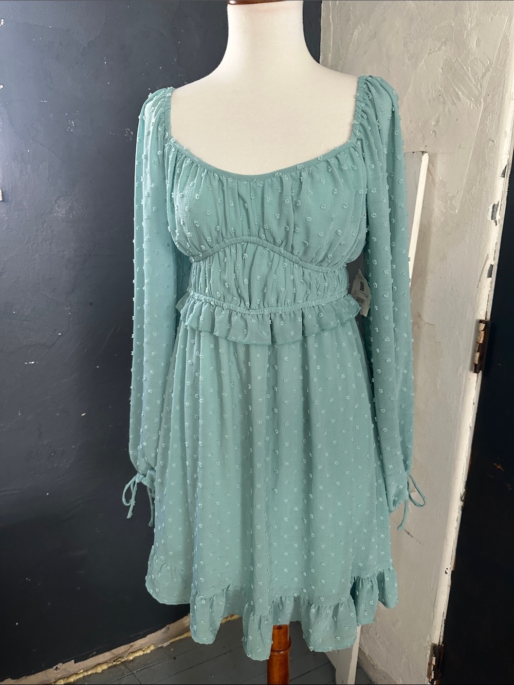 Altar'd State Mint Green Long-Sleeve Ruffle Swiss Dot Dress small nwt